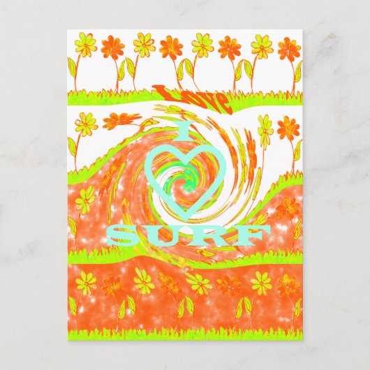 Carte Postale I Love Surf : Belle Florale avec Cool Texte Art (Devant)
