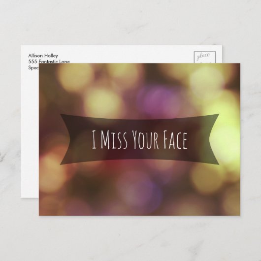 Carte Postale "I Miss Your Face" Gold Rose Blurred Bokeh Photo (Devant / Derrière)