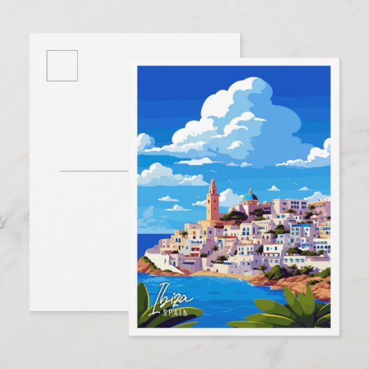 Carte Postale Ibiza Espagne Illustration de voyage artisanale (Devant / Derrière)
