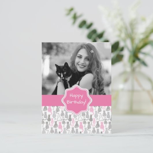 Carte Postale Idées cadeaux de chat Whimiscal rose et gris (Debout devant)