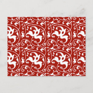 Carte Postale Ikat Floral Damask - Rouge foncé et blanc