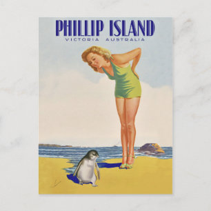 Carte Postale Île Philip, Australie, fille avec manchot