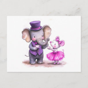 Carte Postale Illustration aquarelle d'éléphant et de souris Hav