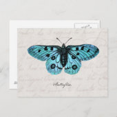 Carte Postale Illustration bleue turquoise vintage de papillon - (Devant / Derrière)