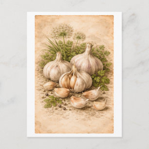 Carte Postale Illustration botanique d'ail de style vintage