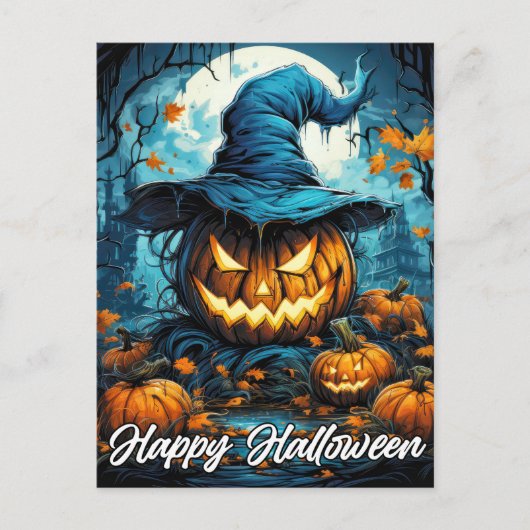 Carte Postale Illustration Citrouille d'Halloween joyeuse et fâc (Devant)
