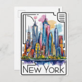 Carte Postale illustration colorée de new york city (Devant / Derrière)