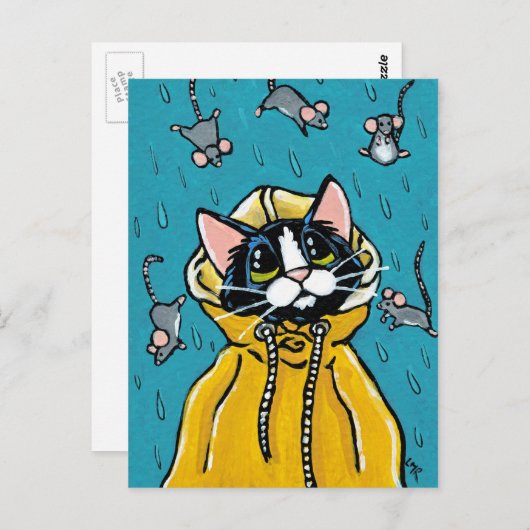 Carte Postale Illustration Cute Tuxedo Chat et Pluie (Devant / Derrière)