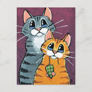Carte Postale Illustration de 2 chats tigrés avec une souris jou