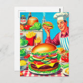 Carte Postale Illustration de bande dessinée Retro Hamburger (Devant / Derrière)