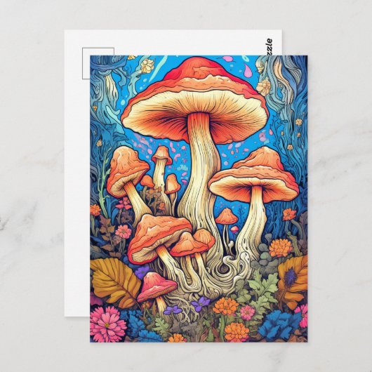 Carte Postale Illustration de champignons psychédéliques sauvage (Devant / Derrière)
