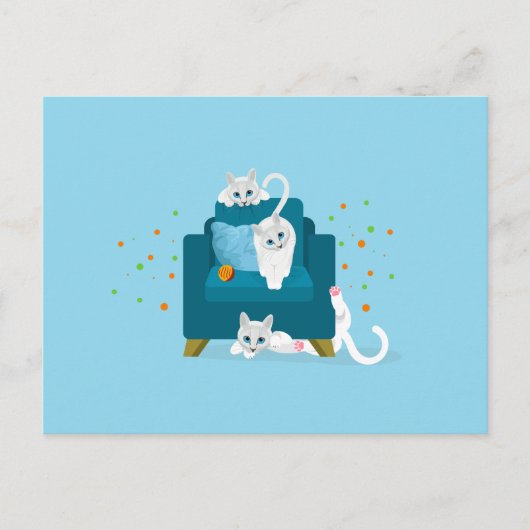 Carte Postale Illustration de chat - 3 chats blancs faisant des  (Devant)