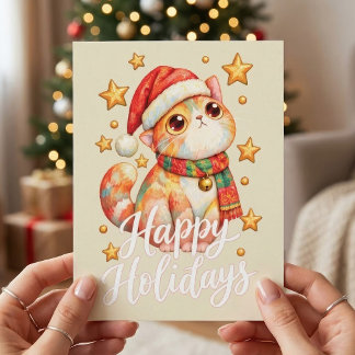 Carte Postale Illustration de chat de Noël mignon avec charme fe