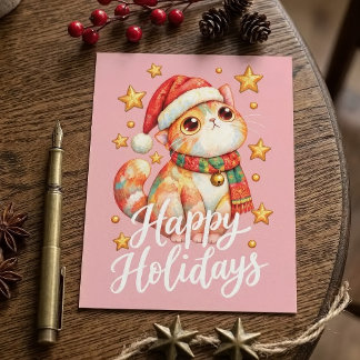 Carte Postale Illustration de chat de Noël mignonne avec un char