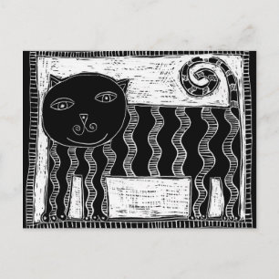 Carte Postale Illustration de chat noir et blanc rayé