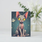 Carte Postale Illustration de chat Sphynx UFO dans l'espace de s (Debout devant)