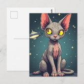 Carte Postale Illustration de chat Sphynx UFO dans l'espace de s (Devant / Derrière)