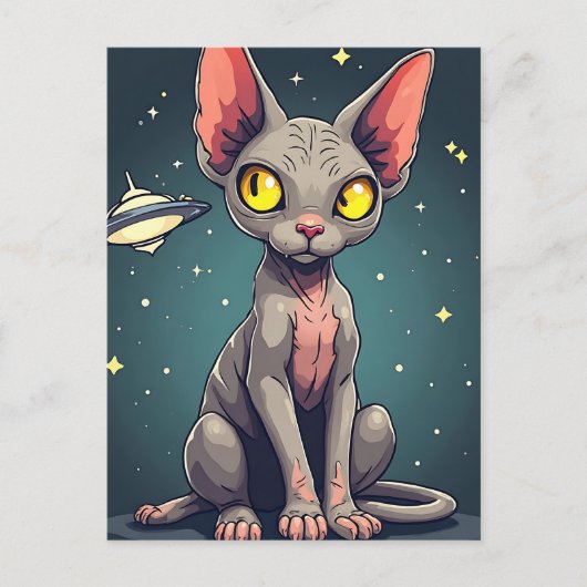 Carte Postale Illustration de chat Sphynx UFO dans l'espace de s (Devant)