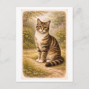 Carte Postale Illustration de chat tigré de style vintage