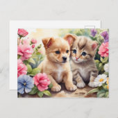 Carte Postale Illustration de chaton et de chiot dans le jardin  (Devant / Derrière)