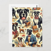 Carte Postale Illustration de chien Boxer Rétro (Devant / Derrière)