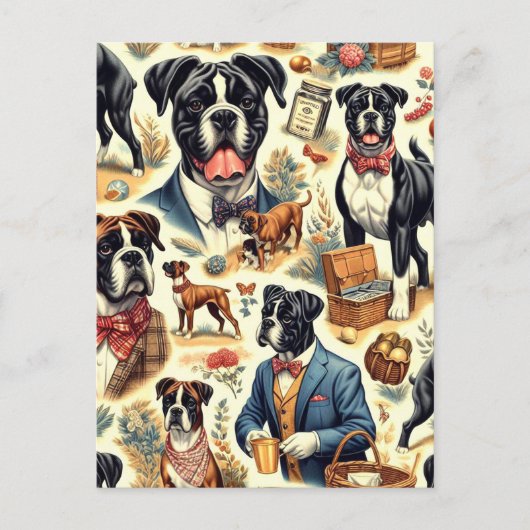 Carte Postale Illustration de chien Boxer Rétro (Devant)
