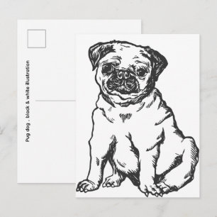 Carte Postale Illustration de chien Carlin noir et blanc