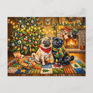 Carte Postale Illustration de chien Mops de cottage de Noël fant