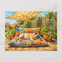 Illustration de chien Mops de terrasse estivale fa