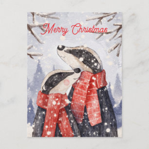 Carte Postale Illustration de couple de blaireaux joyeux Noël