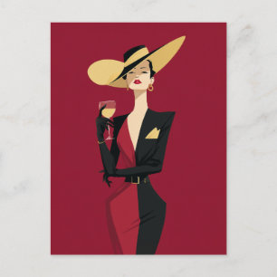 Carte Postale Illustration de femme élégante et de vin