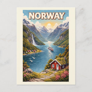 Carte Postale Illustration de fjord norvégien Art de voyage vint