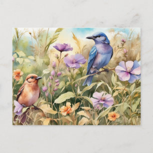 Carte Postale Illustration de fleurs sauvages et d'oiseaux à l'a