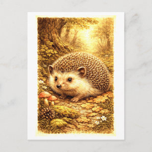 Carte Postale Illustration de hérisson de style vintage en forêt