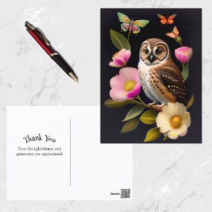 Carte Postale Illustration de hibou fleurs roses papillons