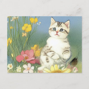 Carte Postale Illustration de Kitten vintage avec Fleurs Jaunes
