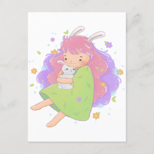 Carte Postale Illustration de la fille de lapin de printemps