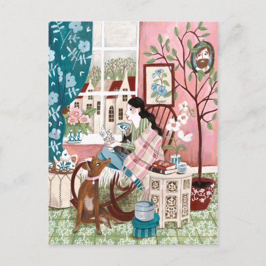 Carte Postale Illustration de lecture à domicile cosy rose plein (Devant)