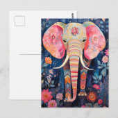 Carte Postale Illustration de l'éléphant avec fleurs (Devant / Derrière)