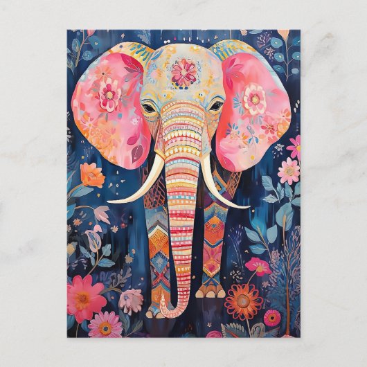 Carte Postale Illustration de l'éléphant avec fleurs (Devant)