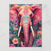 Carte Postale Illustration de l'éléphant rose avec des fleurs (Devant)