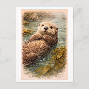 Carte Postale Illustration de loutre de mer de style vintage