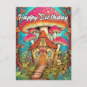 Carte Postale Illustration de maison de champignon mignonne