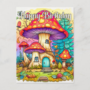 Carte Postale Illustration de maison de champignon mignonne et c