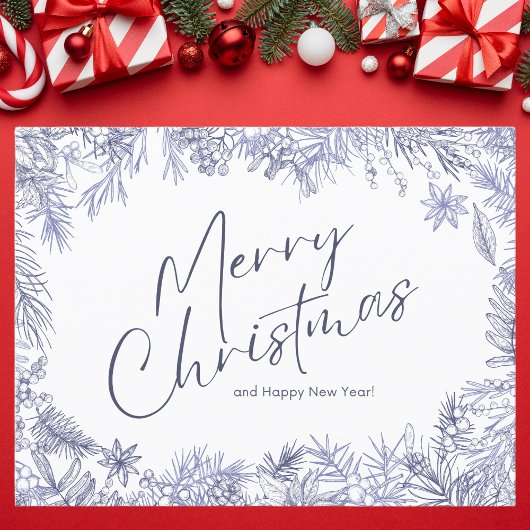 Carte Postale Illustration de Noël Joyeux Bleu Botanique