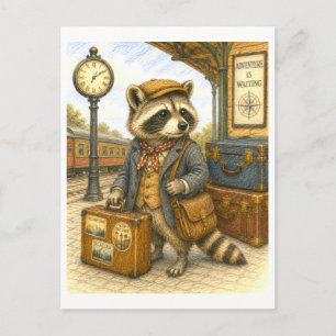 Carte Postale Illustration de Raton Laveur Voyageur