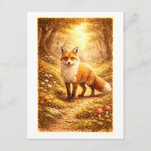 Carte Postale Illustration de renard de style vintage en forêt