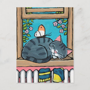 Carte Postale Illustration de Sleeping Tabby Cat et Butterfly