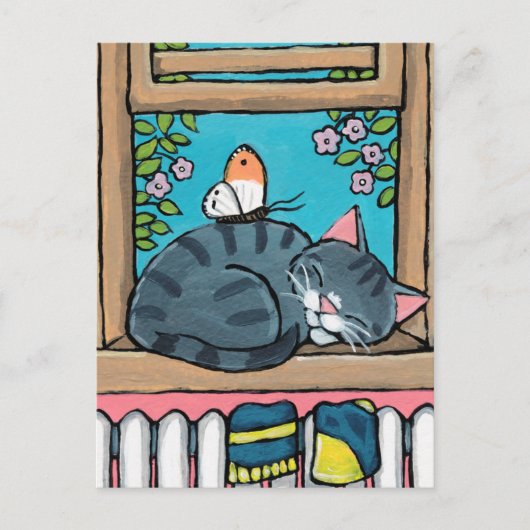 Carte Postale Illustration de Sleeping Tabby Cat et Butterfly (Devant)