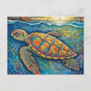 Carte Postale Illustration de tortue de natation colorée créativ